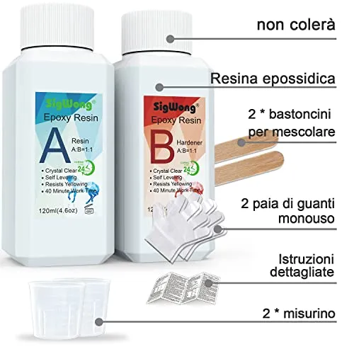 Sigwong resina epossidica trasparente 240 ml kit accessori