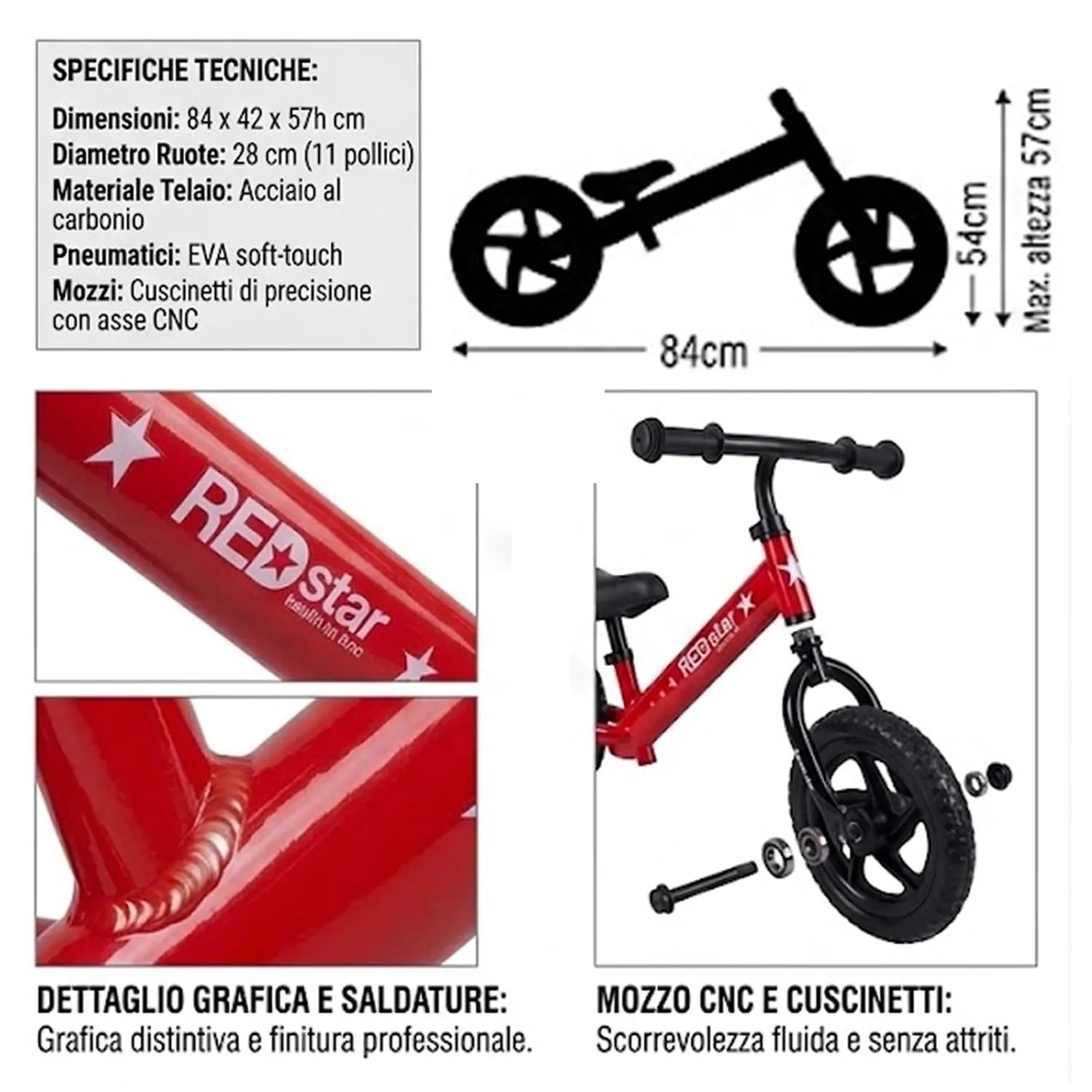 Giodicart Red Star bici senza pedali rossa acciaio 11"