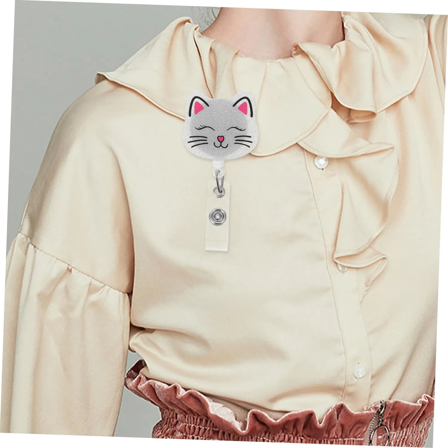 Angoily Porta Badge Retrattile Gatto Argento con Clip