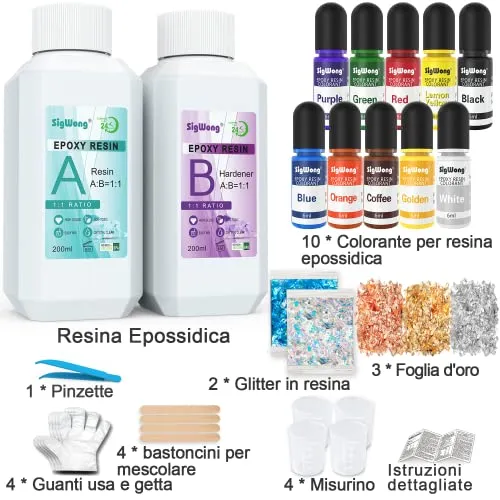 Sigwong Kit Resina Epossidica Trasparente 400ml con Accessori