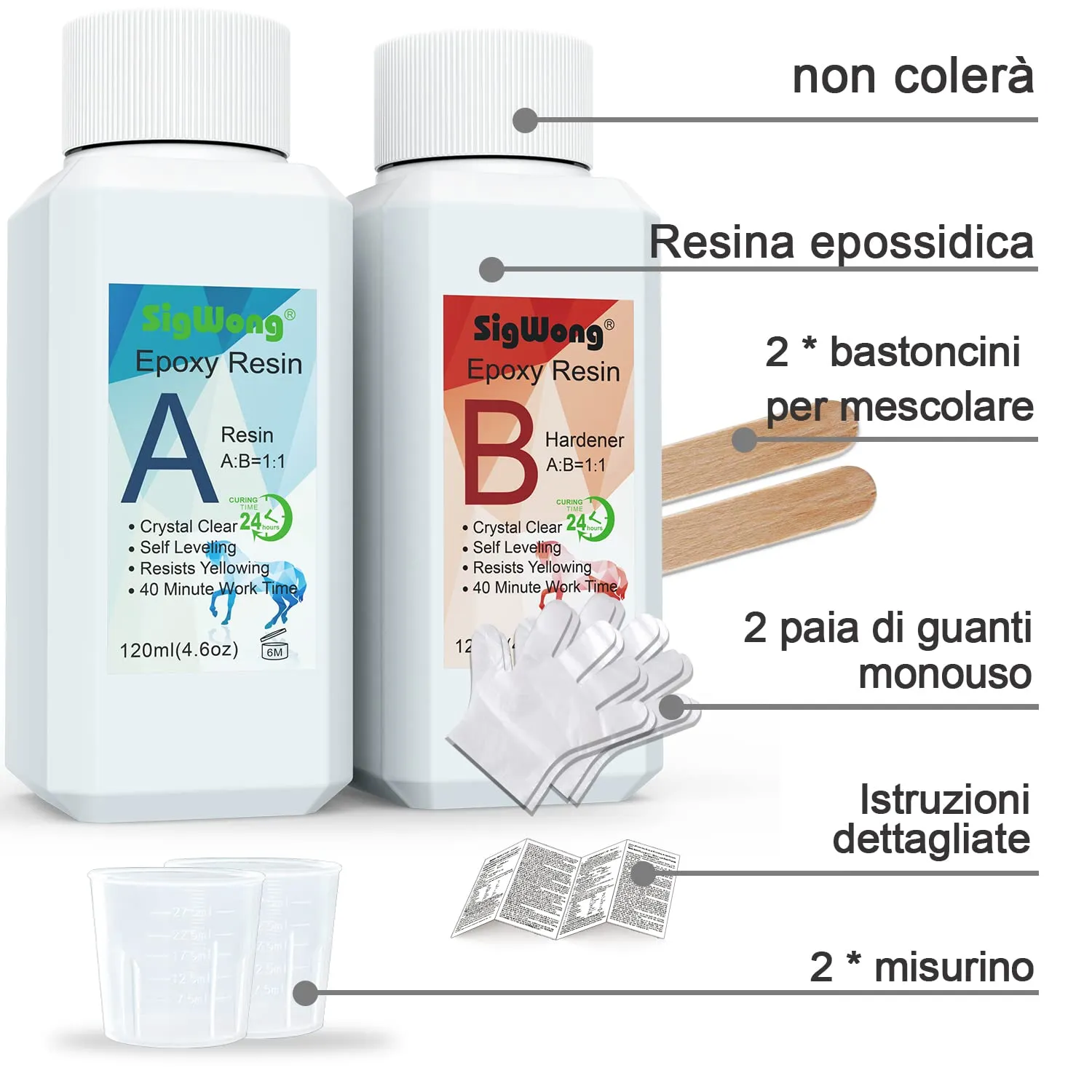 Sigwong resina epossidica trasparente 240 ml kit accessori