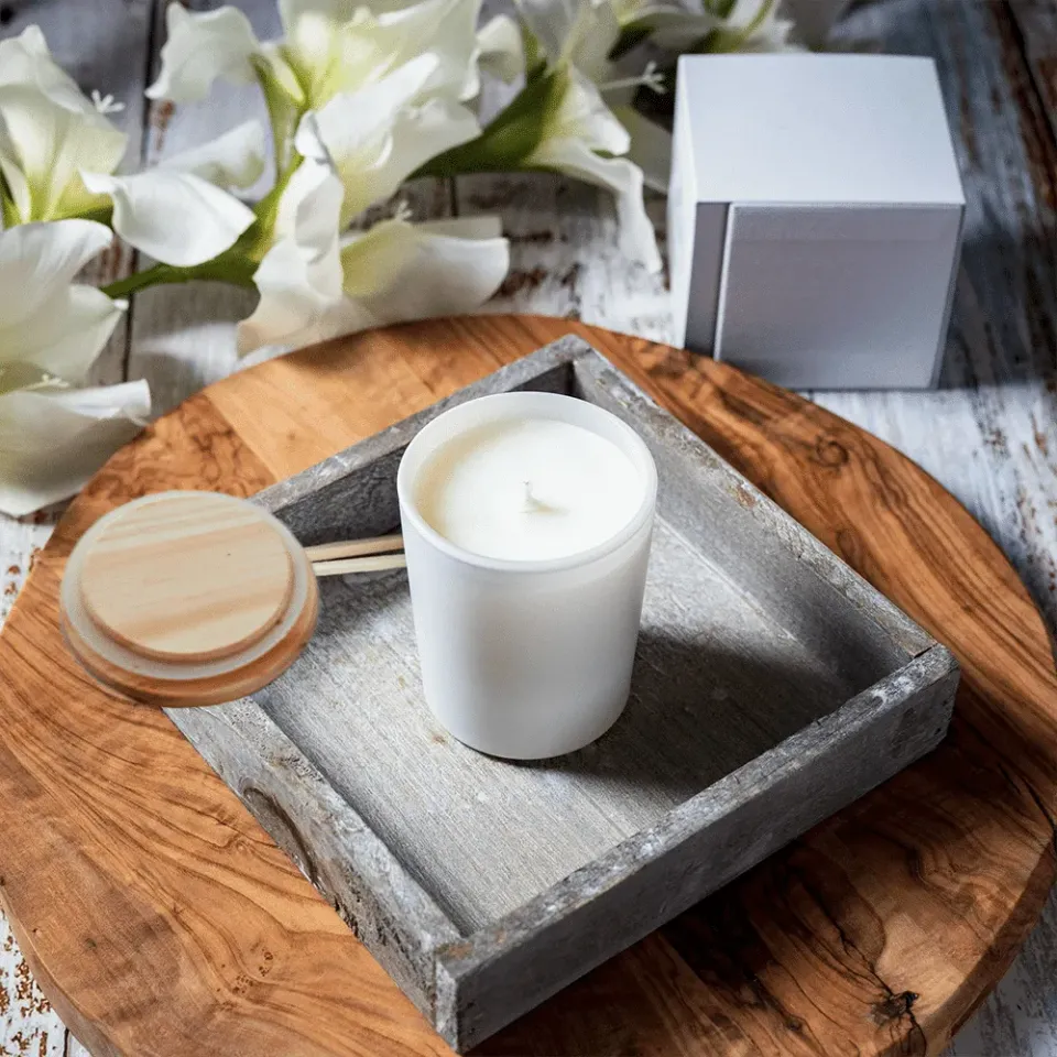 Naturesin Bicchiere Bianco per Candele con Coperchio Legno