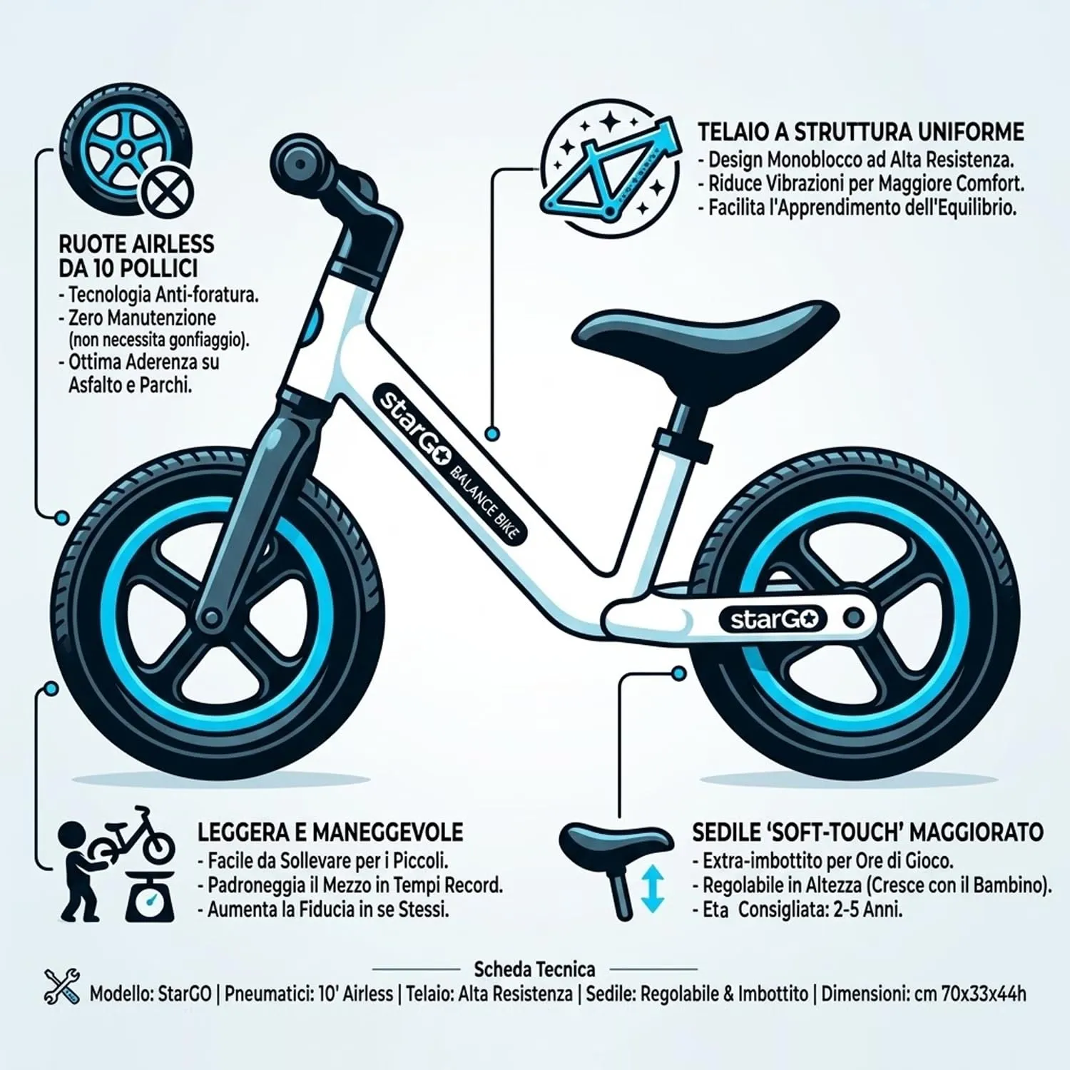 Giodicart StarGO bici senza pedali bianca 10" airless