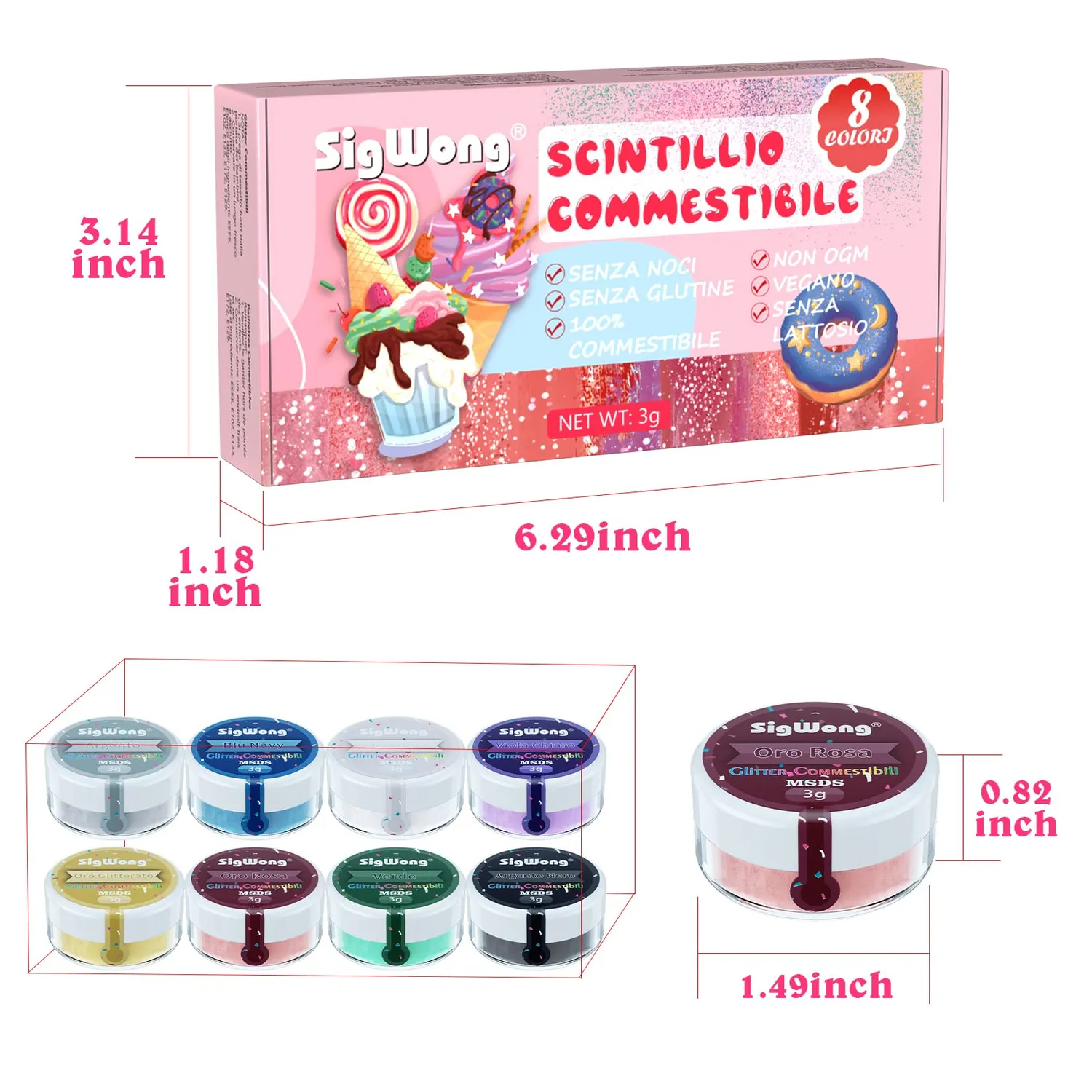 Sigwong Set Glitter Commestibili 8 colori 8x3 gr shimmer