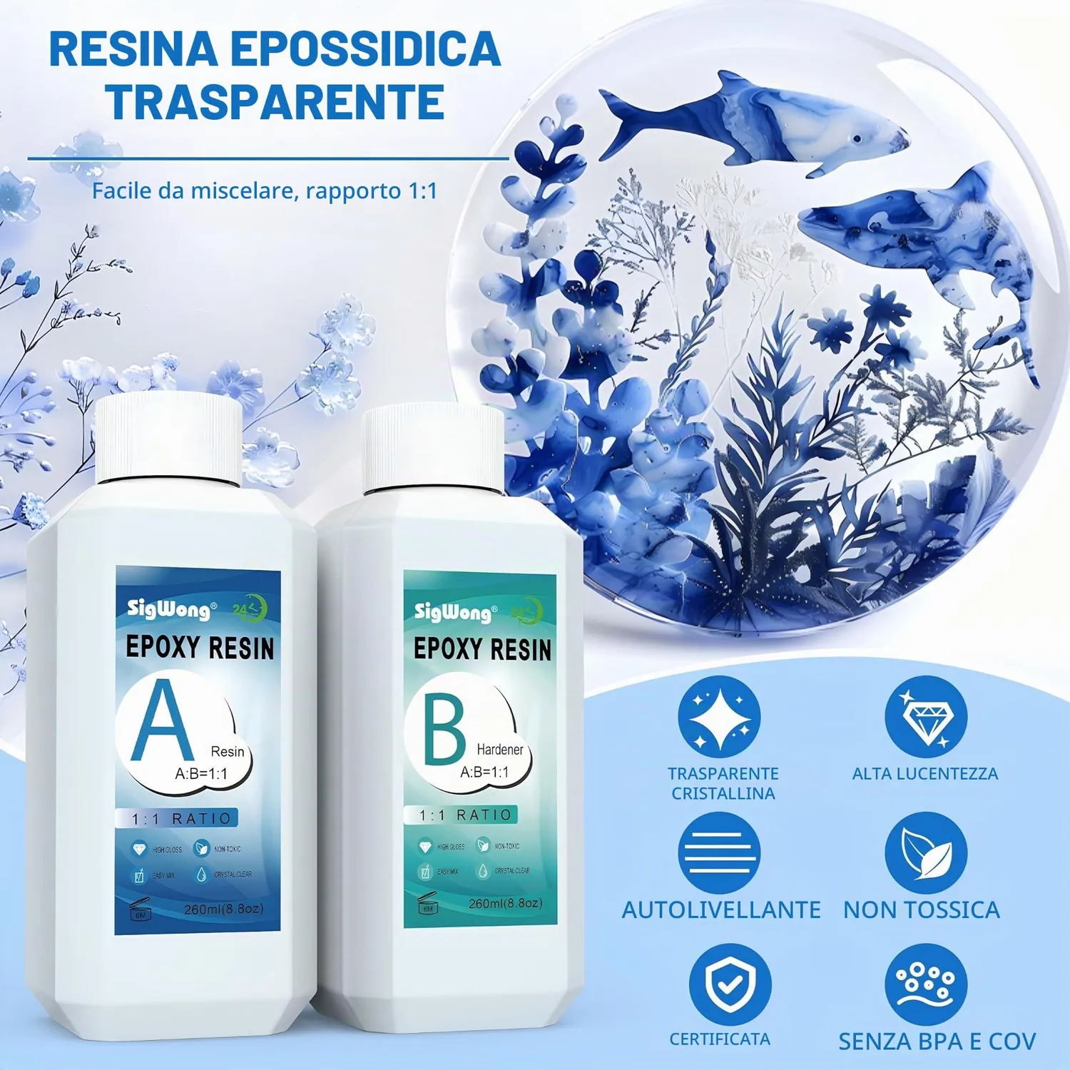 Sigwong resina epossidica trasparente 520 ml kit 1:1