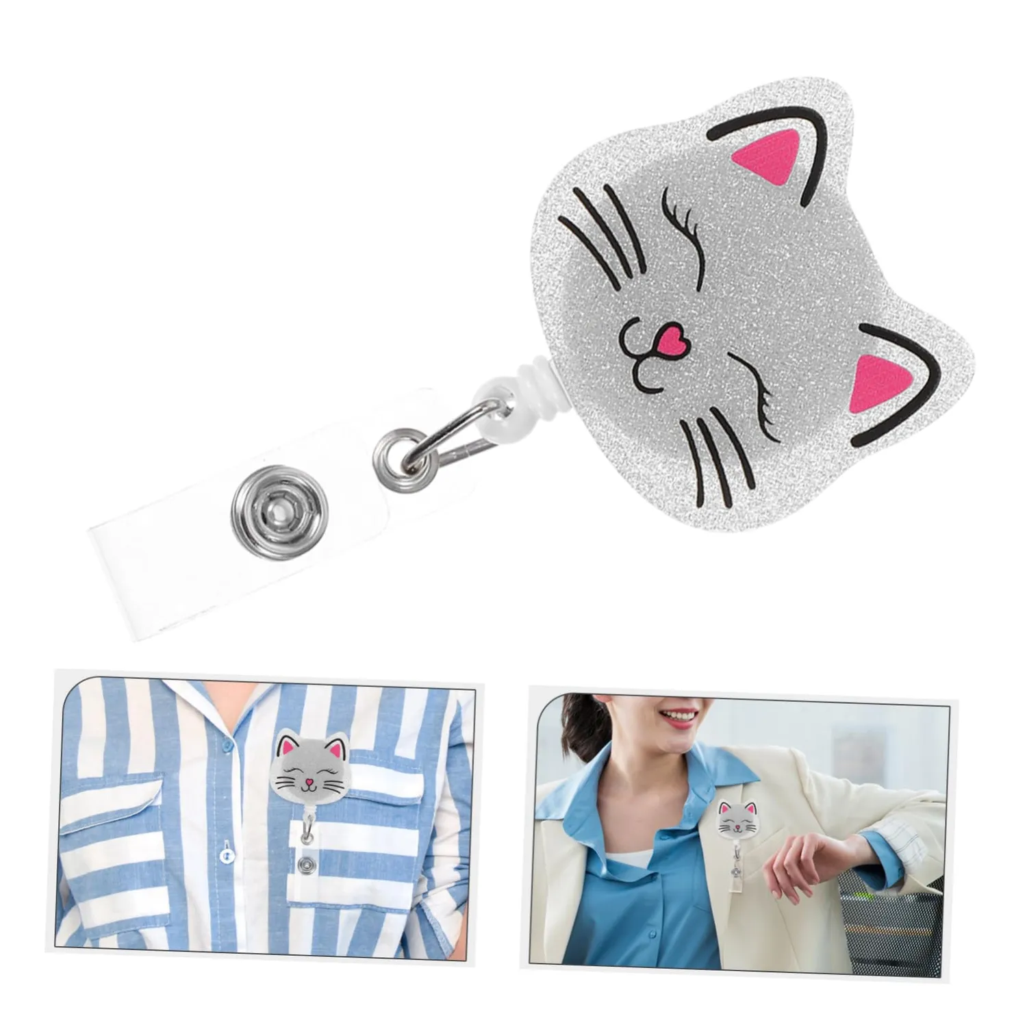 Angoily Porta Badge Retrattile Gatto Argento con Clip