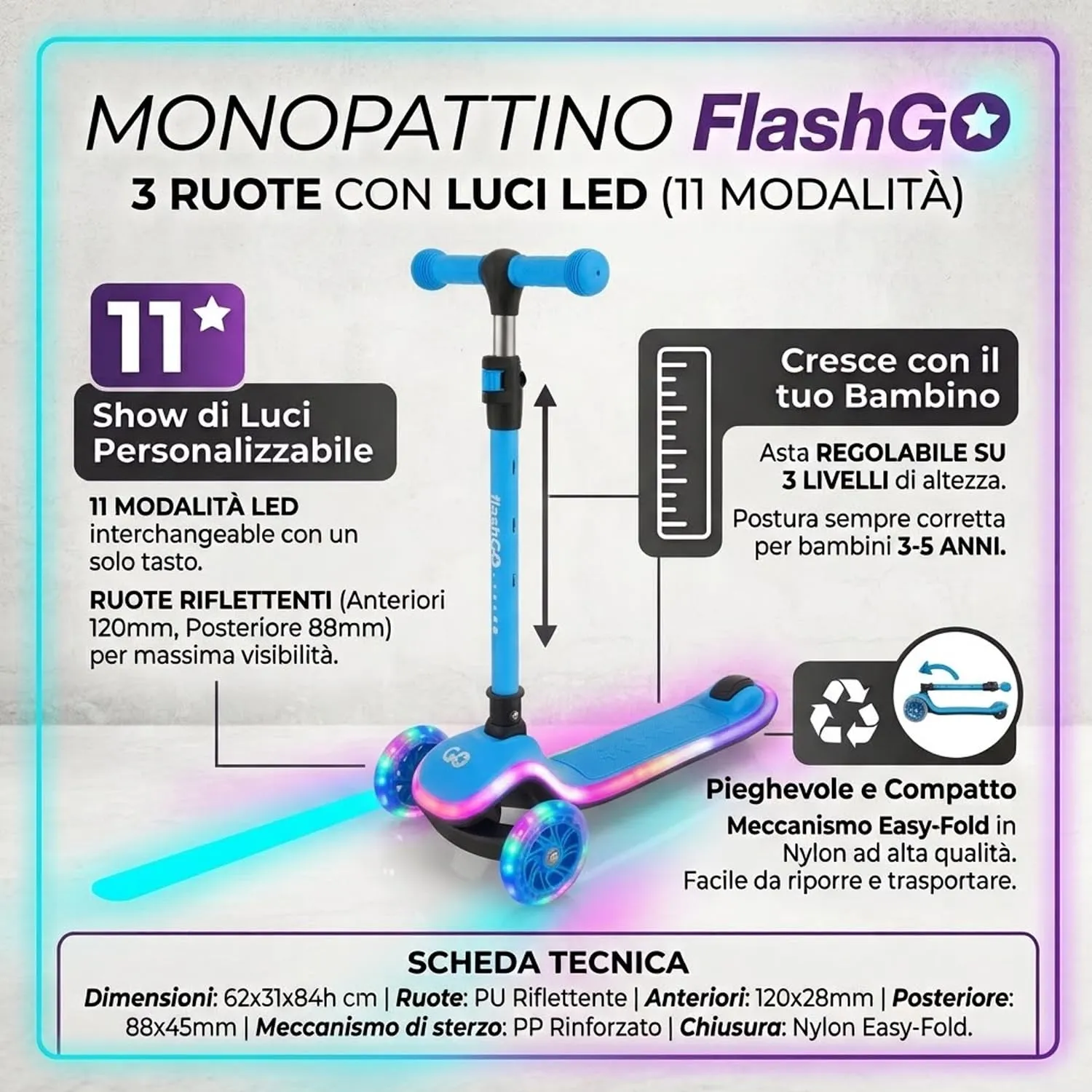Giodicart FlashGO monopattino 3 ruote azzurro LED