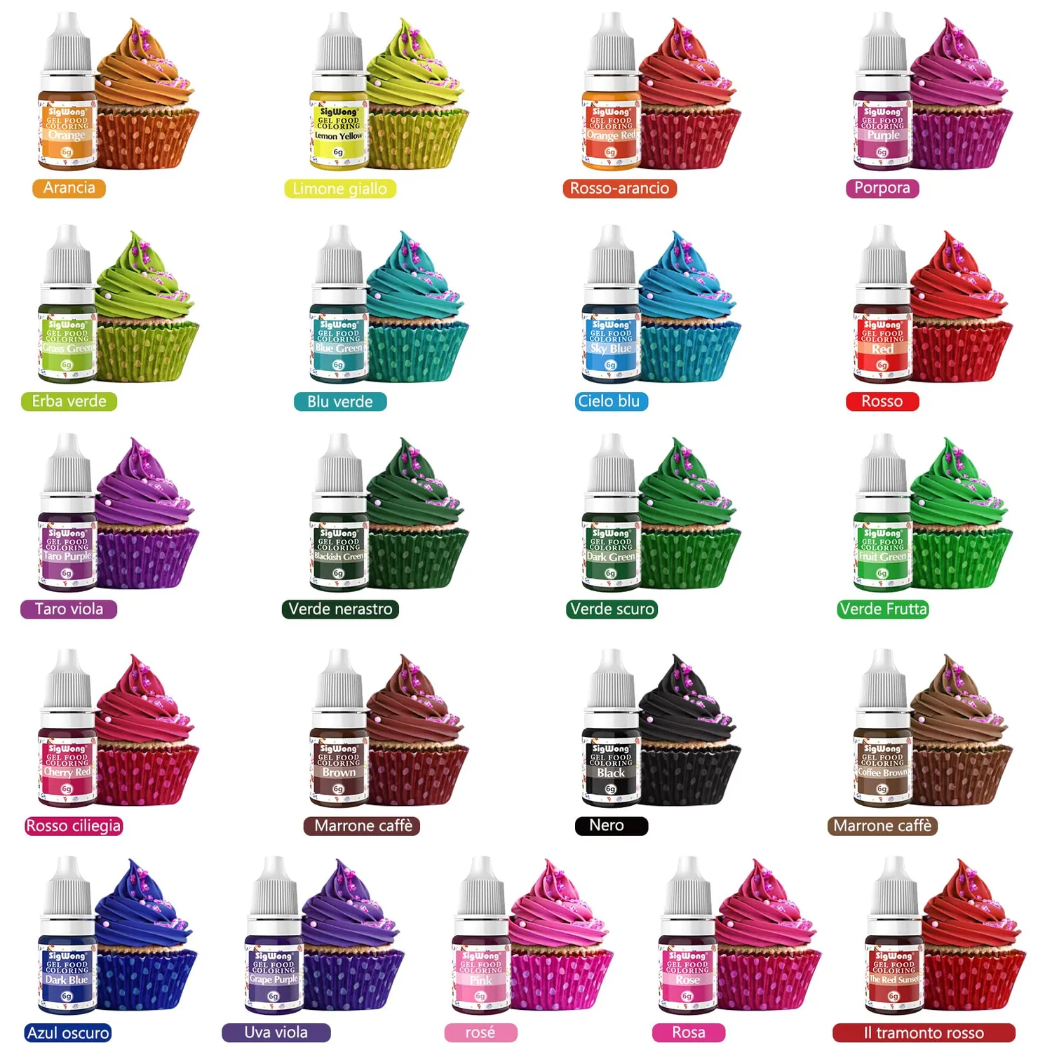 Sigwong Coloranti Alimentari Gel 21 Colori 6 g Torte Fondente