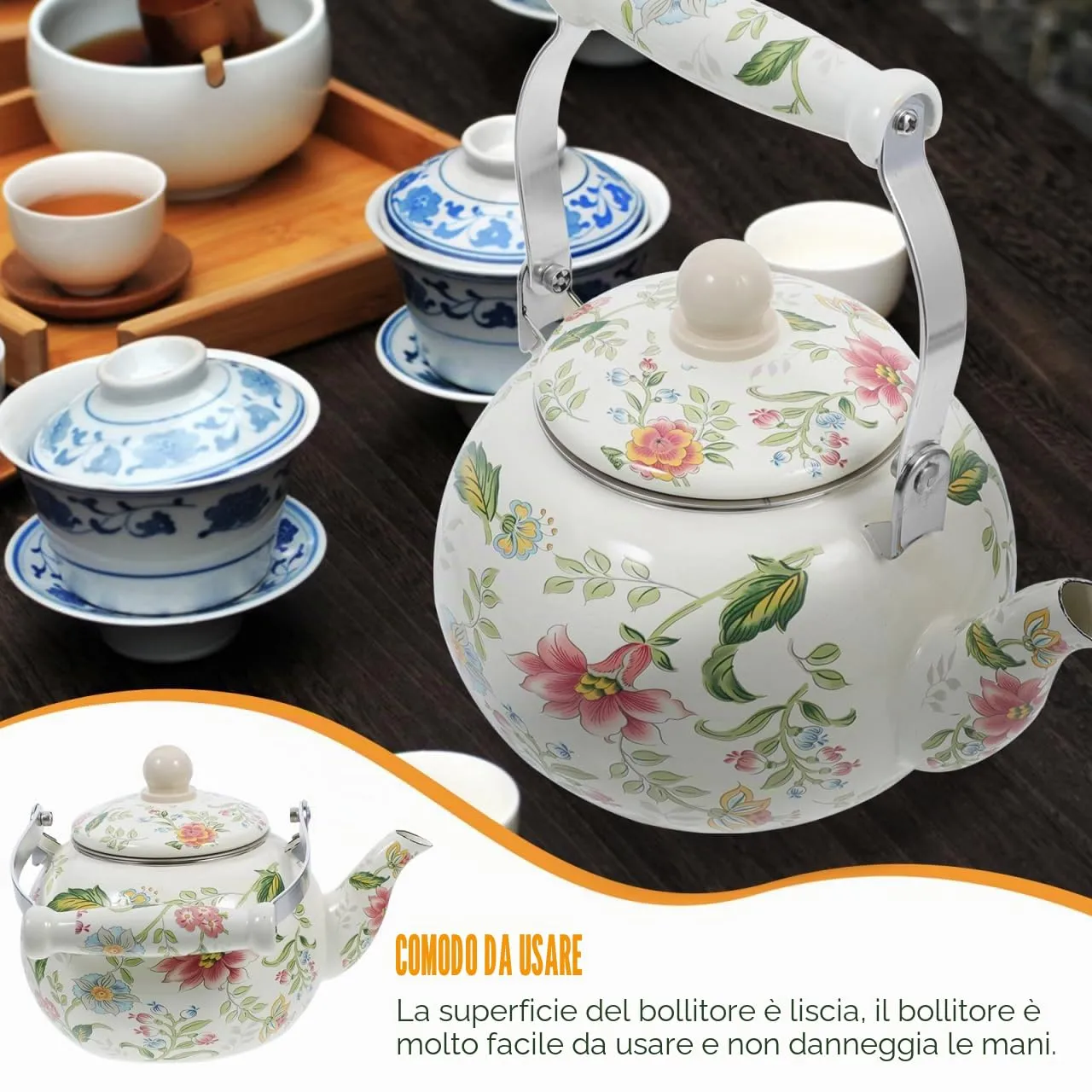 Angoily Teiera Smaltata con Infusore 2 Litri Floreale