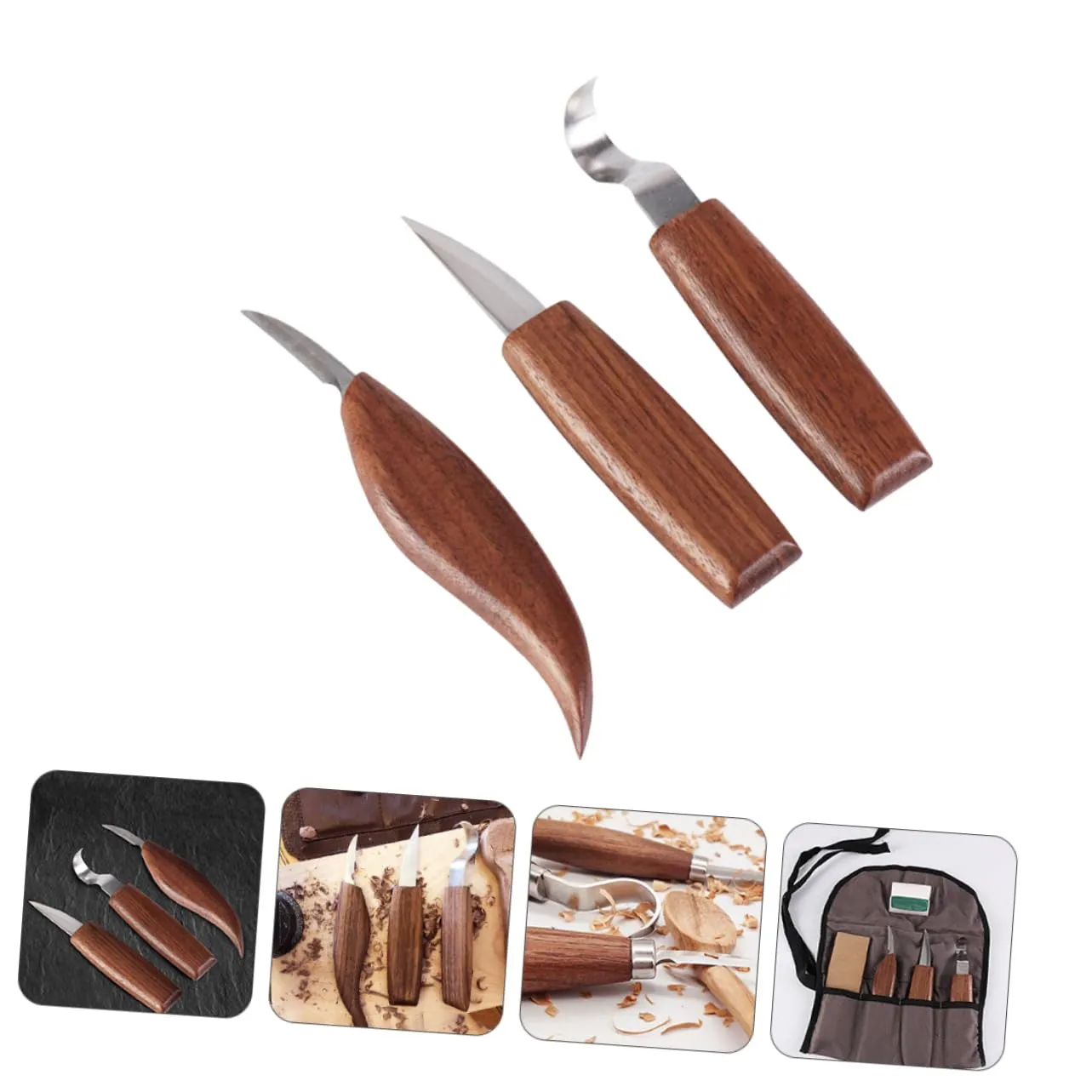 Angoily Set Intaglio Legno 3 Pezzi Manici Marrone