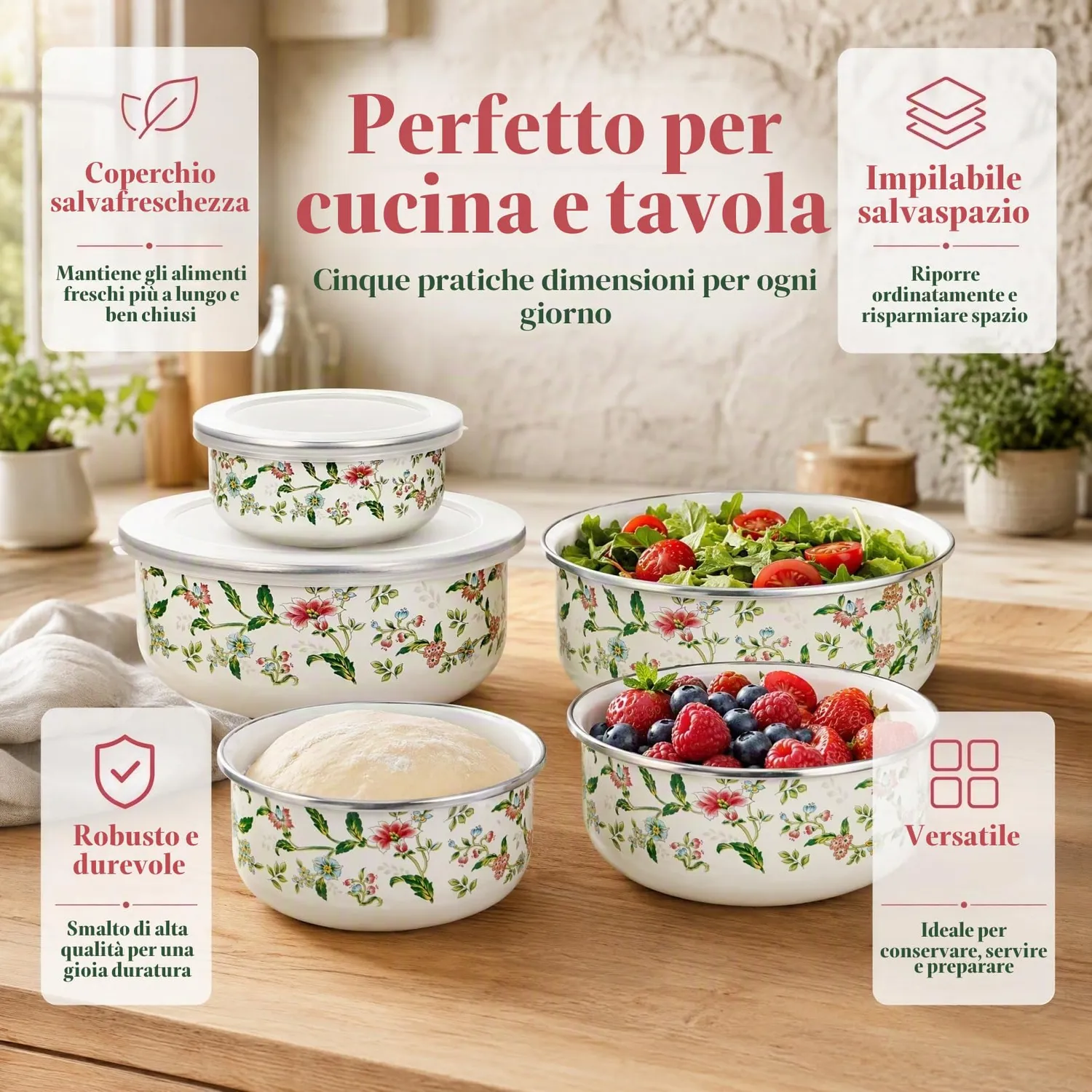 Angoily Smaltate ciotole con coperchio set 5 pezzi