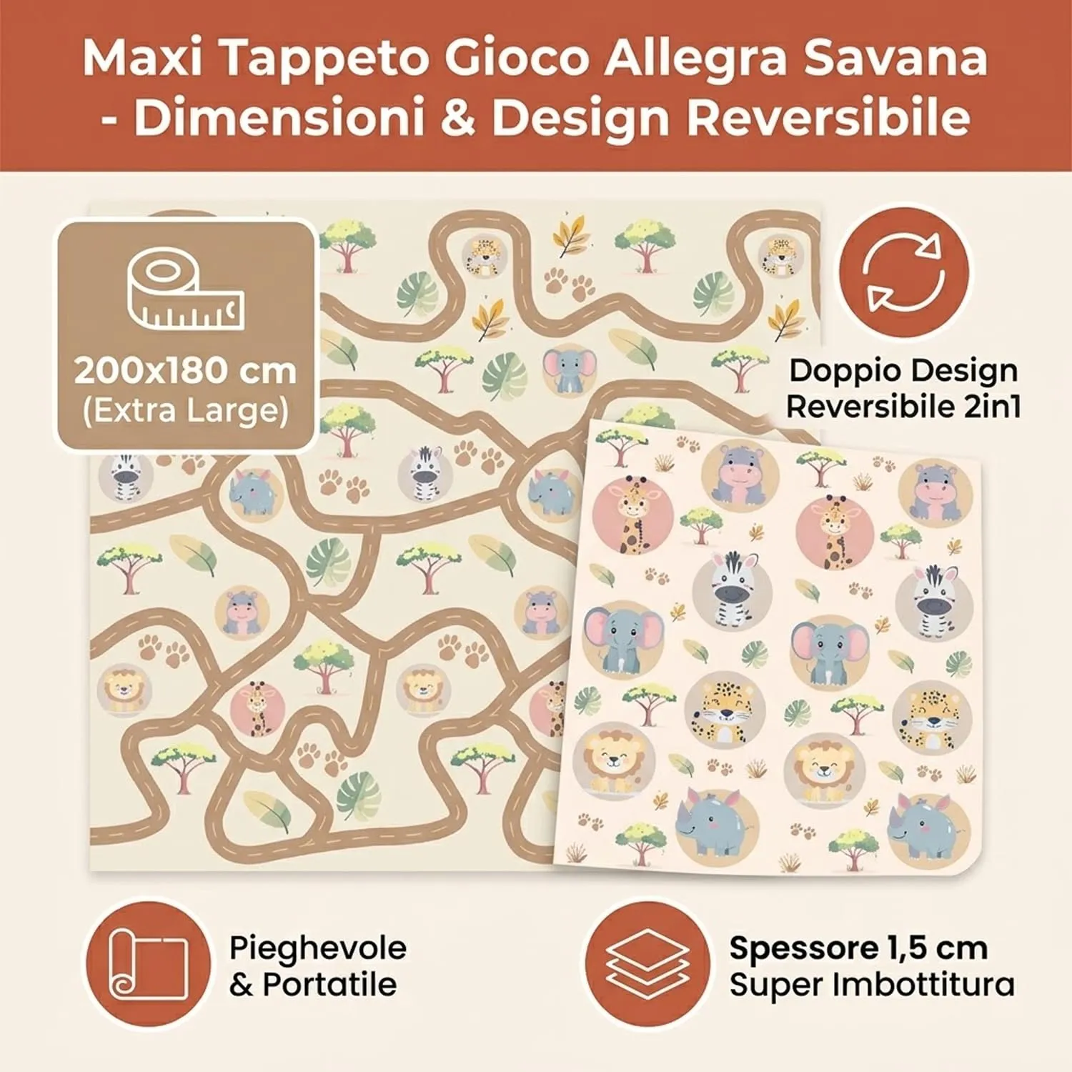Giodicart Tappeto Gioco Allegra Savana 200x180 cm Pieghevole