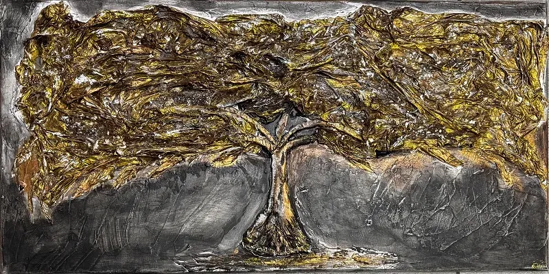 Deco Foam Albero Marrone-Oro quadro tela 100x50cm rilievo