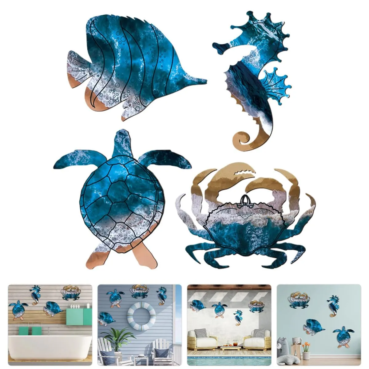 Angoily decorazione parete metallo mare set 4 pezzi 20x11 cm