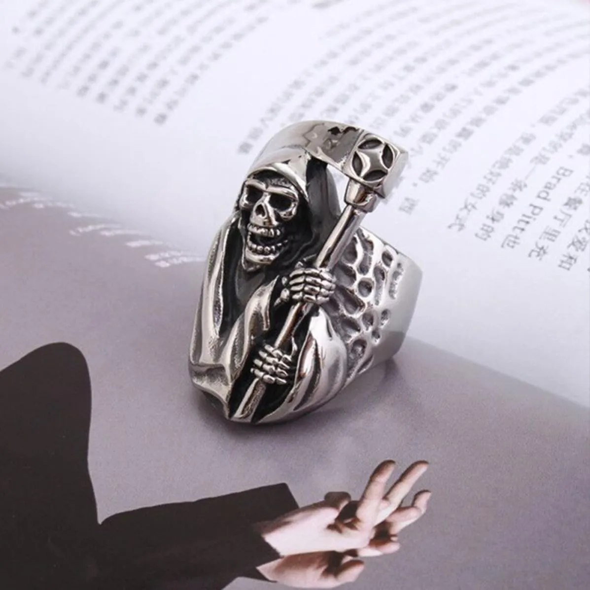 Angoily anello teschio in lega argento vintage uomo
