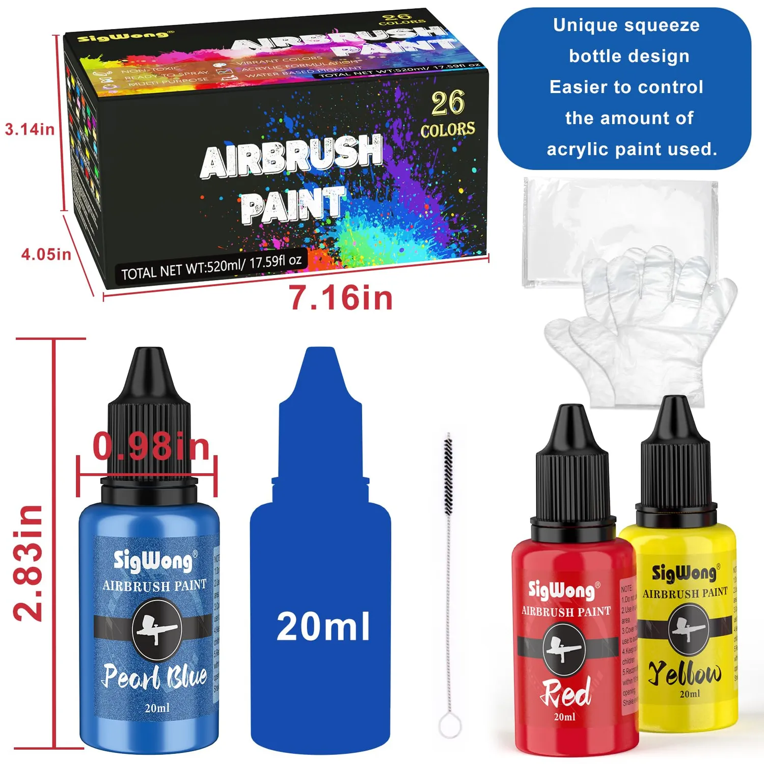 Sigwong Set 26 Colori Acrilici per Aerografo 20ml metallizzati
