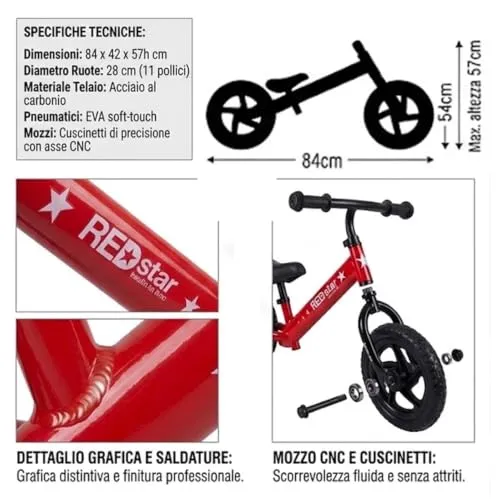 Giodicart Red Star bici senza pedali rossa acciaio 11"