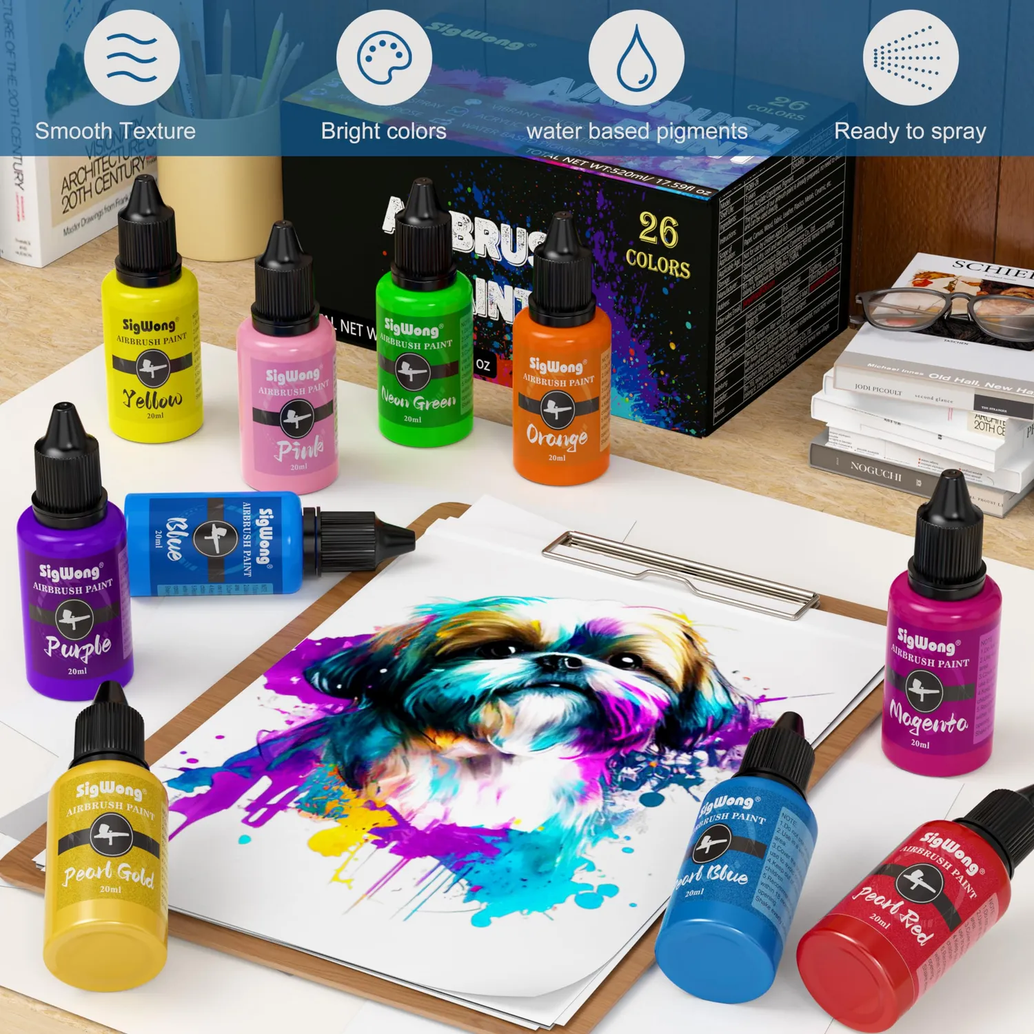 Sigwong Set 26 Colori Acrilici per Aerografo 20ml metallizzati