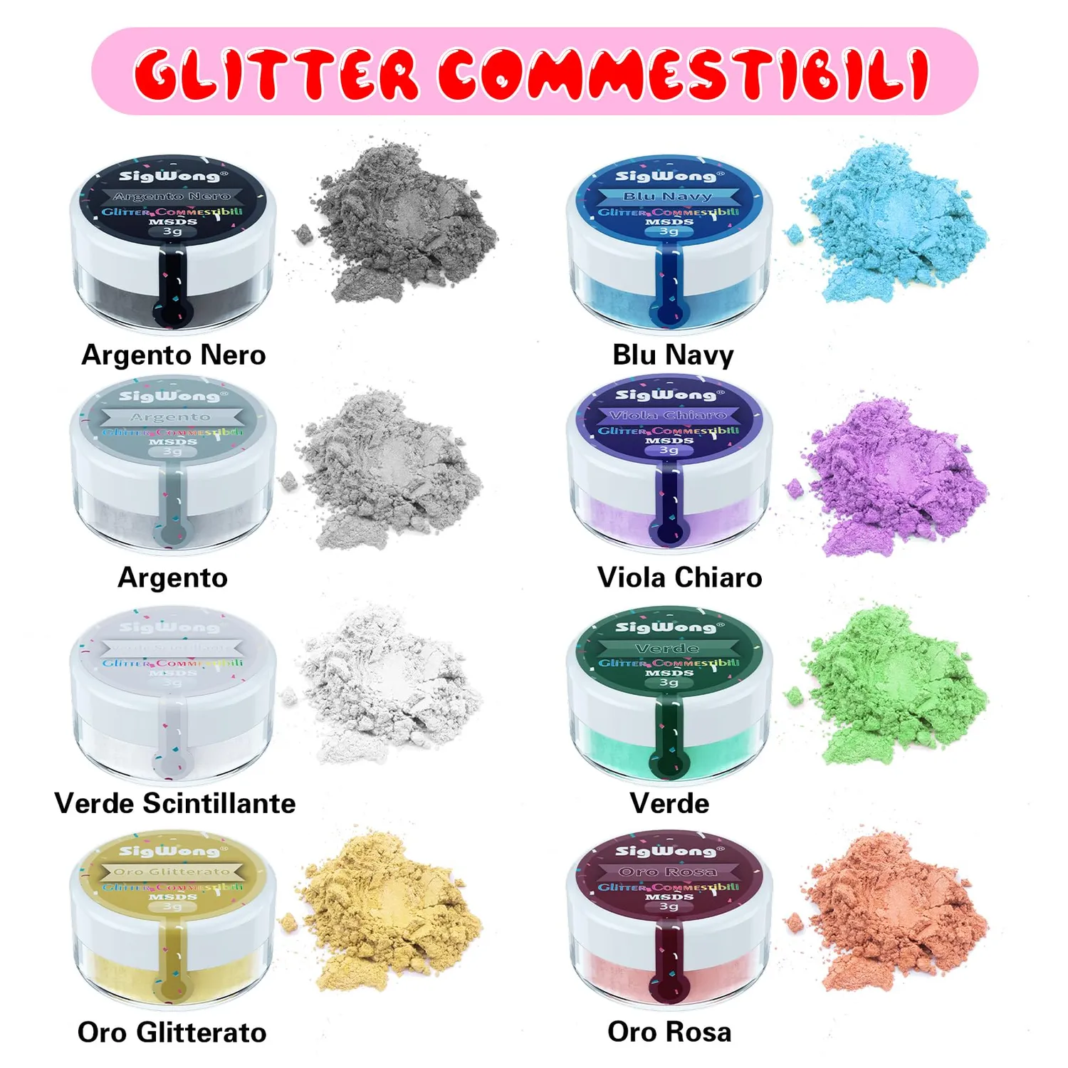 Sigwong Set Glitter Commestibili 8 colori 8x3 gr shimmer