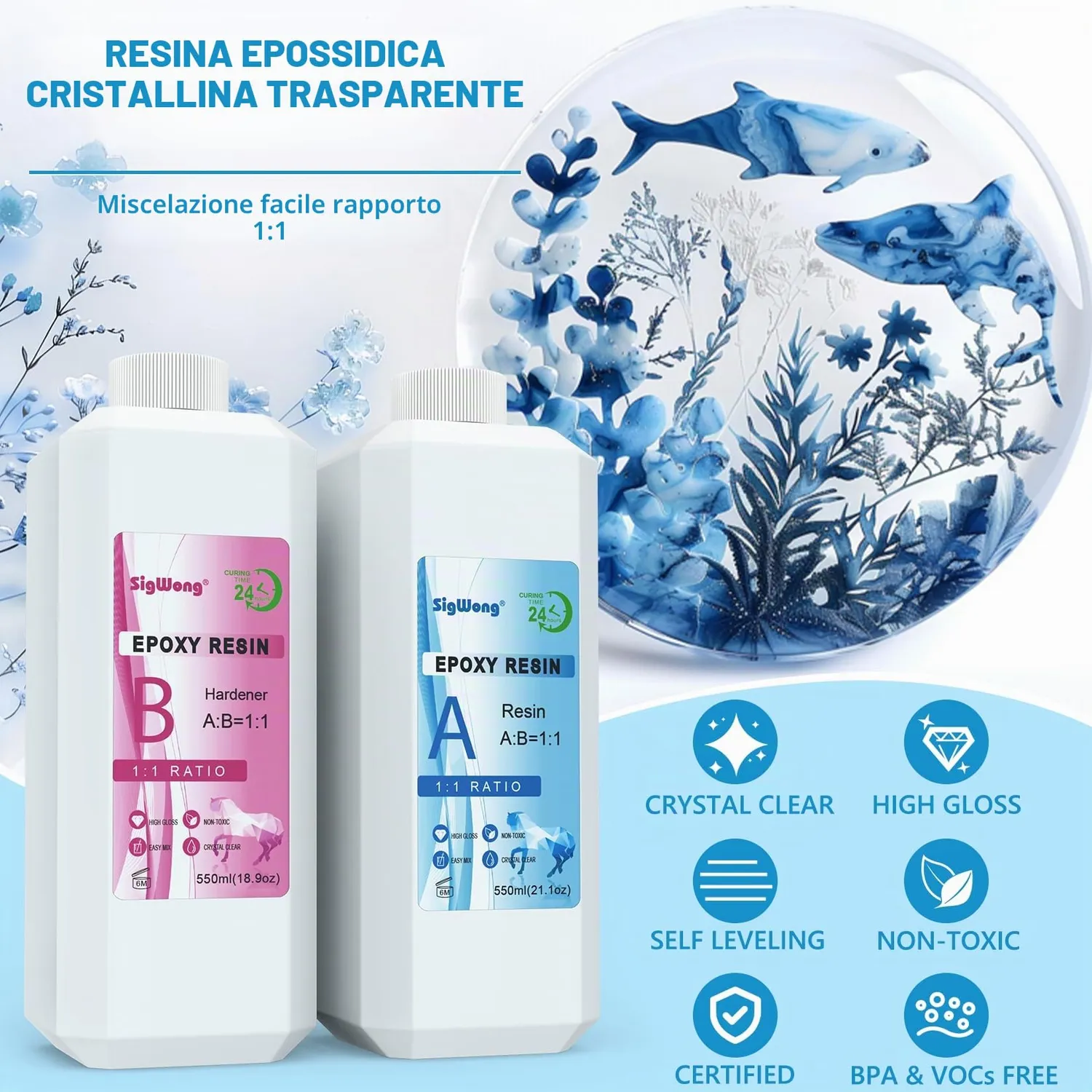 Sigwong resina epossidica trasparente kit 1,1 L antigiallo