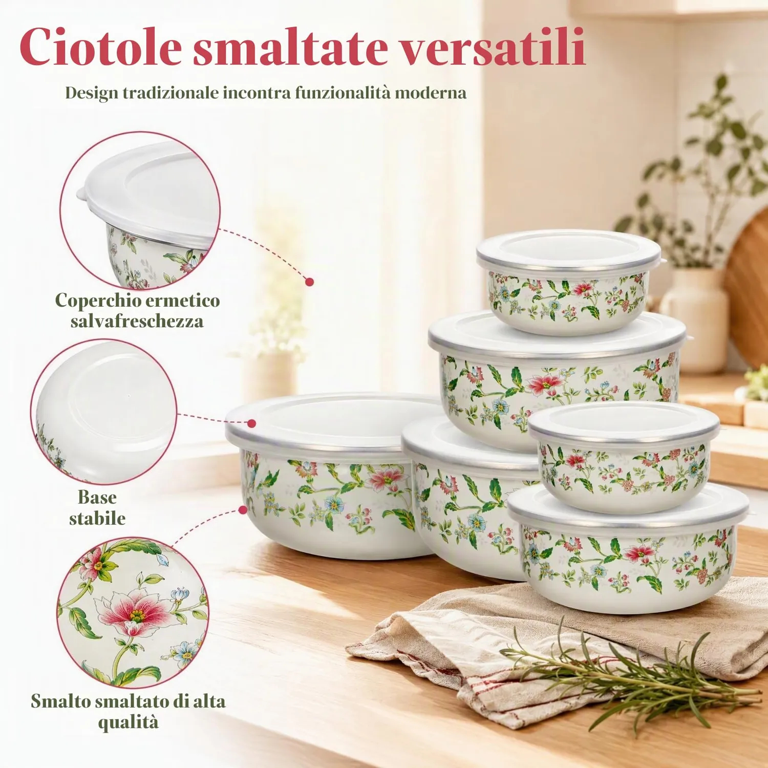 Angoily Smaltate ciotole con coperchio set 5 pezzi