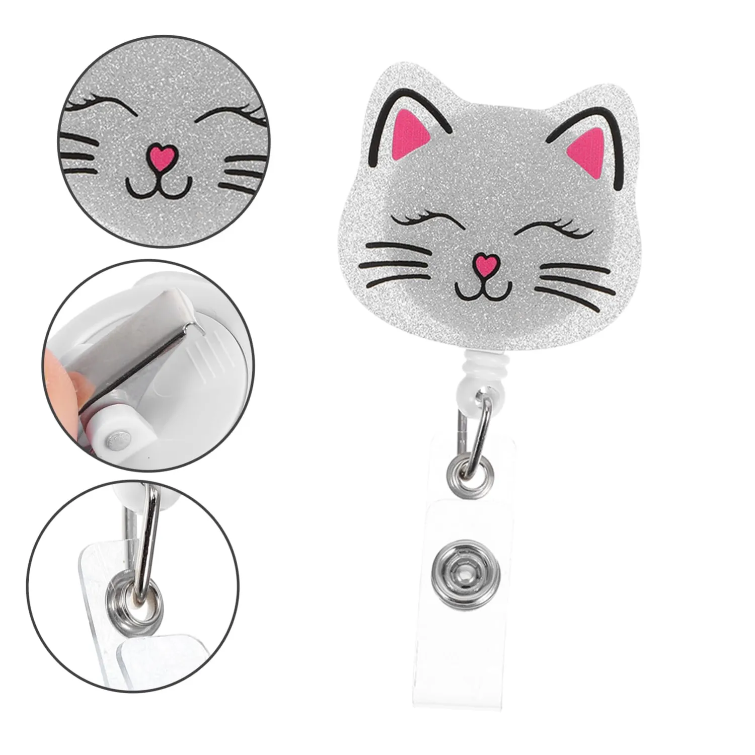 Angoily Porta Badge Retrattile Gatto Argento con Clip